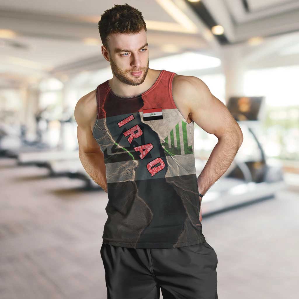 Iraq Flag Texture Men Tank Top with Golden Eagle Emblem and Cracked Earth Background Design - Wonder Print Shop