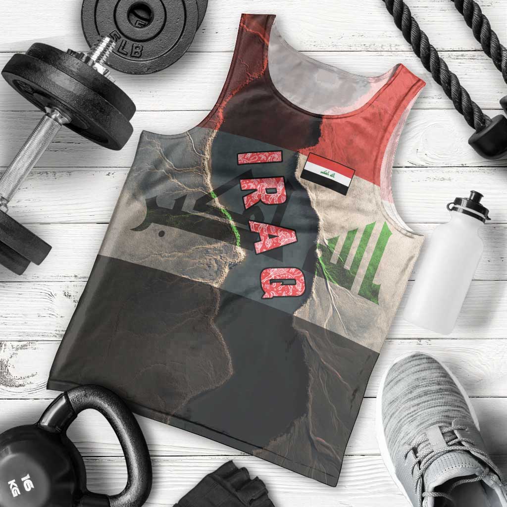Iraq Flag Texture Men Tank Top with Golden Eagle Emblem and Cracked Earth Background Design - Wonder Print Shop