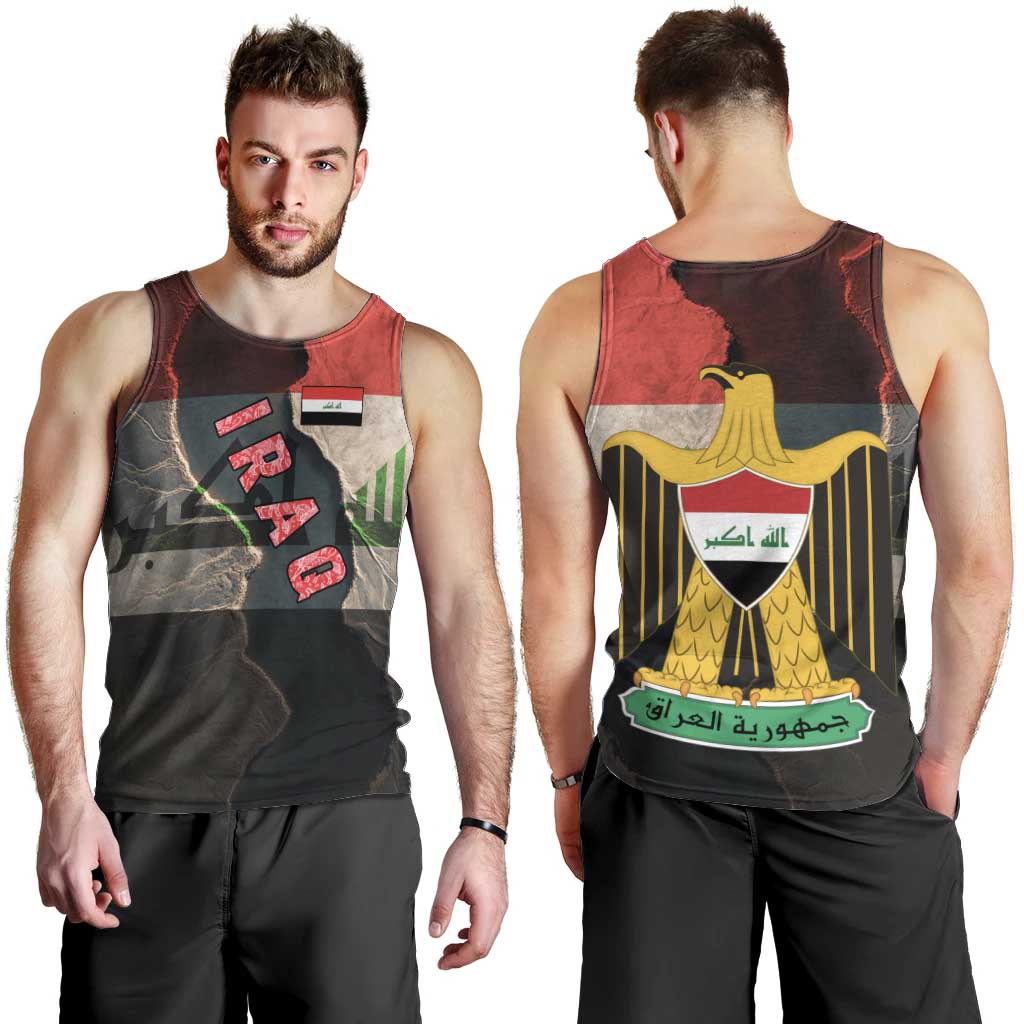 Iraq Flag Texture Men Tank Top with Golden Eagle Emblem and Cracked Earth Background Design - Wonder Print Shop