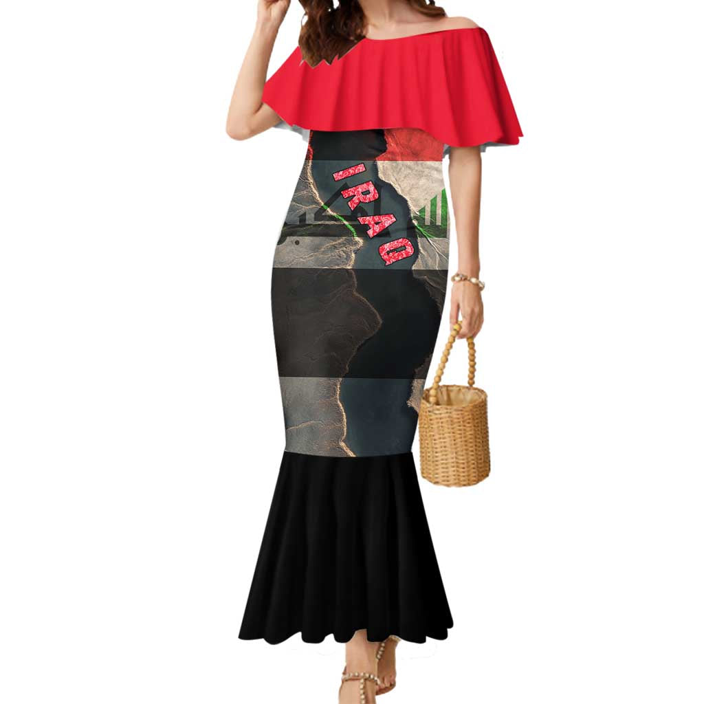 Iraq Flag Texture Mermaid Dress with Golden Eagle Emblem and Cracked Earth Background Design - Wonder Print Shop