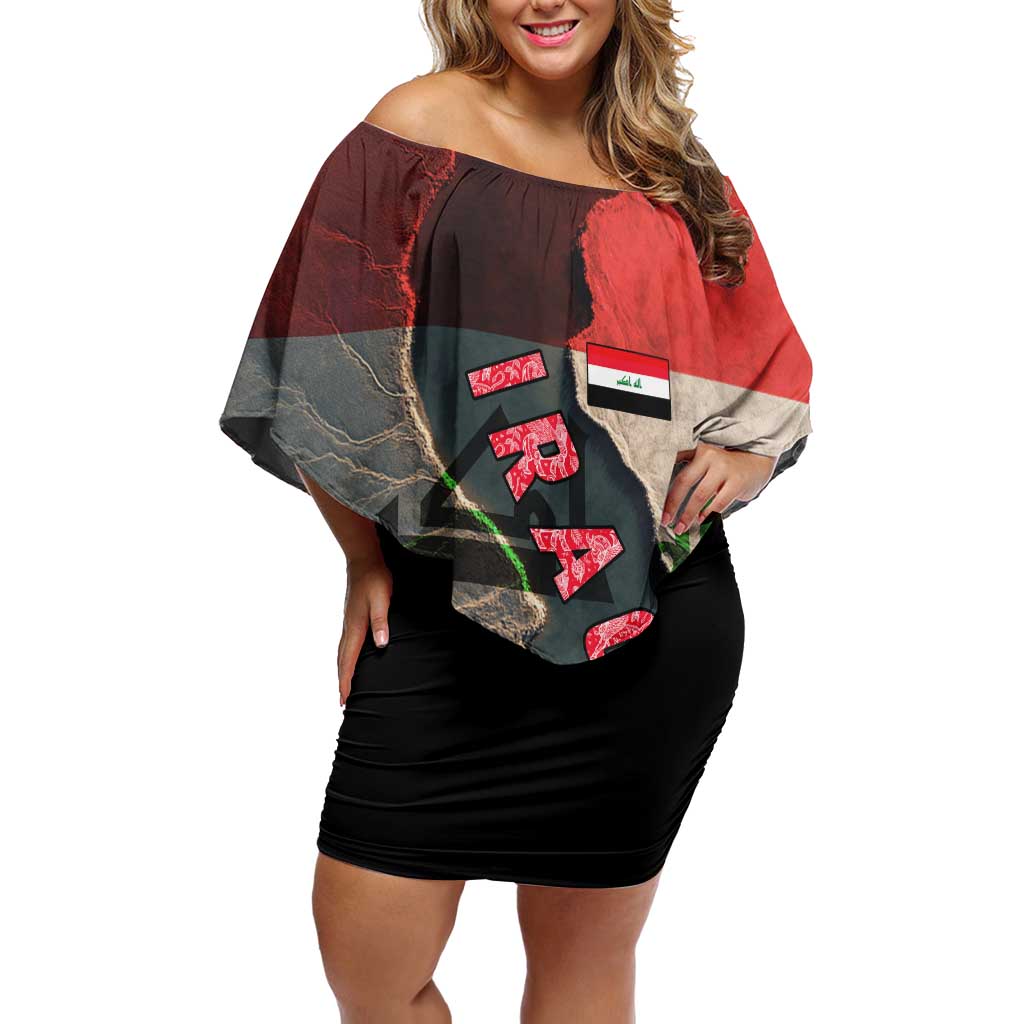 Iraq Flag Texture Off Shoulder Short Dress with Golden Eagle Emblem and Cracked Earth Background Design - Wonder Print Shop