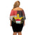 Iraq Flag Texture Off Shoulder Short Dress with Golden Eagle Emblem and Cracked Earth Background Design - Wonder Print Shop