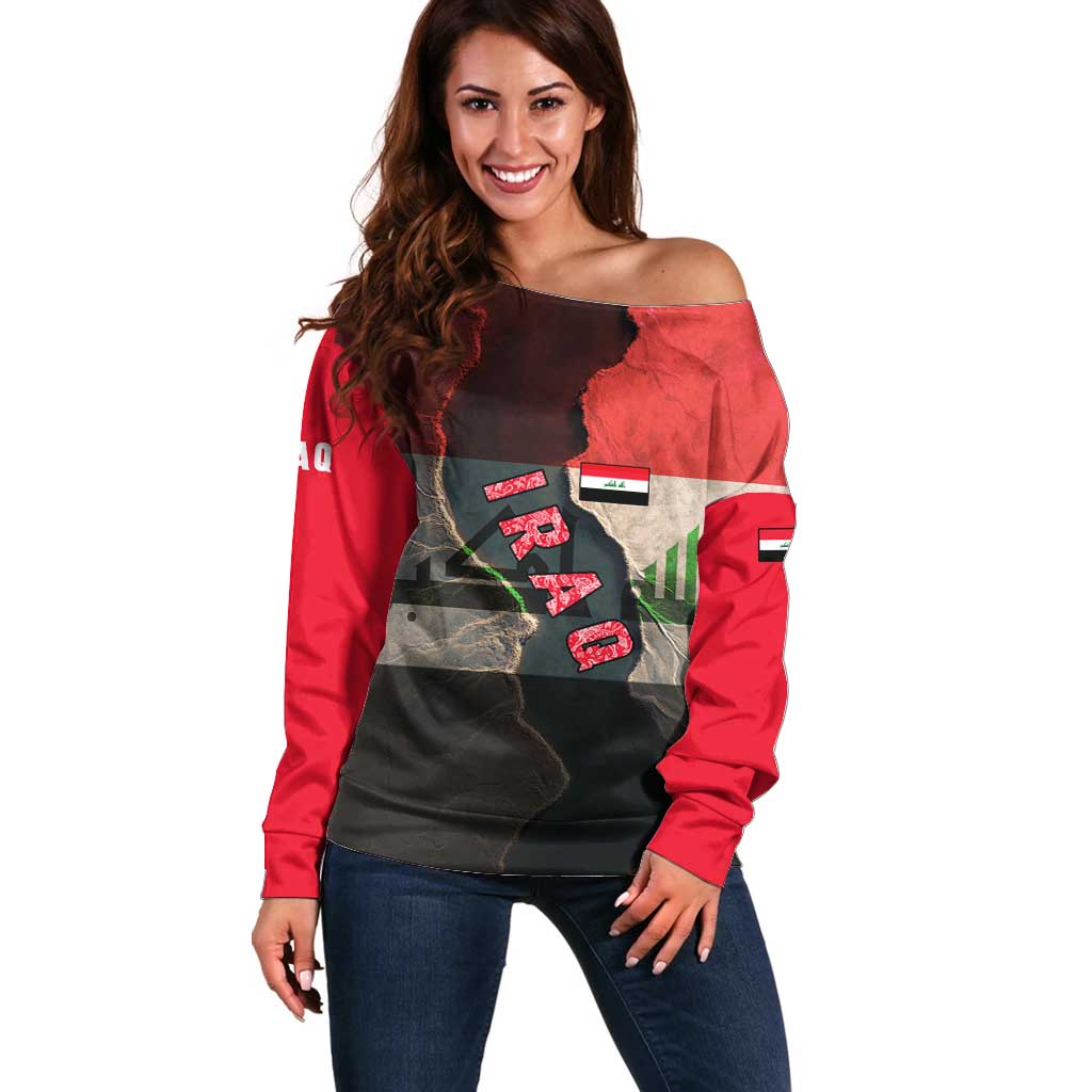 Iraq Flag Texture Off Shoulder Sweater with Golden Eagle Emblem and Cracked Earth Background Design - Wonder Print Shop