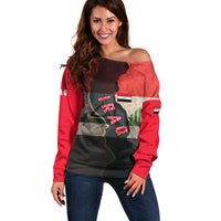Iraq Flag Texture Off Shoulder Sweater with Golden Eagle Emblem and Cracked Earth Background Design - Wonder Print Shop