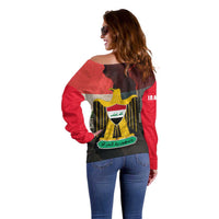 Iraq Flag Texture Off Shoulder Sweater with Golden Eagle Emblem and Cracked Earth Background Design - Wonder Print Shop