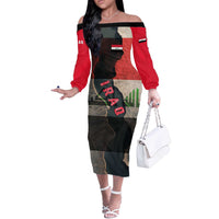Iraq Flag Texture Off The Shoulder Long Sleeve Dress with Golden Eagle Emblem and Cracked Earth Background Design - Wonder Print Shop