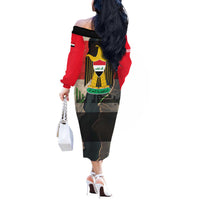 Iraq Flag Texture Off The Shoulder Long Sleeve Dress with Golden Eagle Emblem and Cracked Earth Background Design - Wonder Print Shop