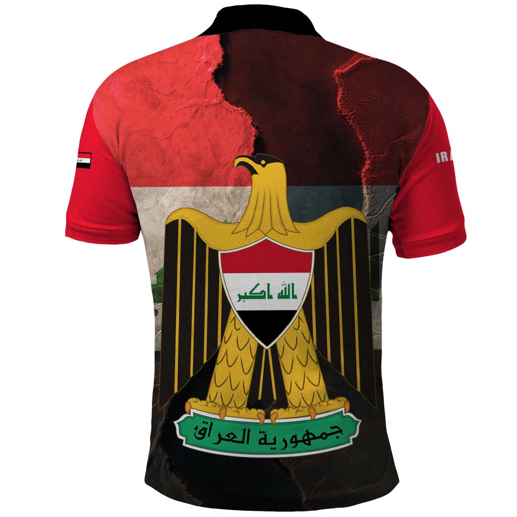 Iraq Flag Texture Polo Shirt with Golden Eagle Emblem and Cracked Earth Background Design - Wonder Print Shop