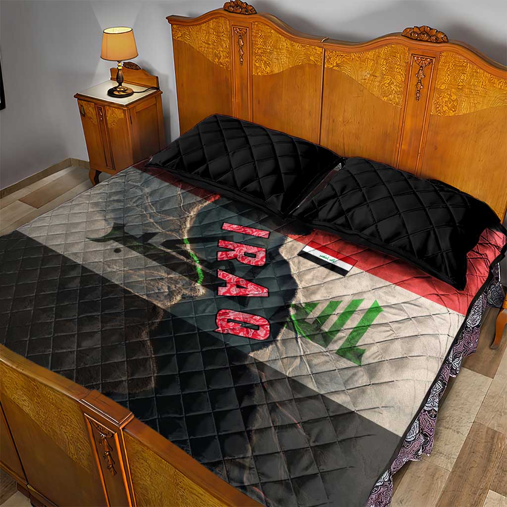 Iraq Flag Texture Quilt Bed Set with Golden Eagle Emblem and Cracked Earth Background Design - Wonder Print Shop