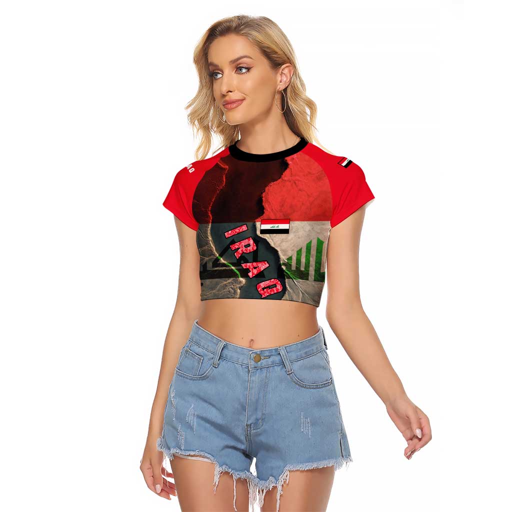 Iraq Flag Texture Raglan Cropped T Shirt with Golden Eagle Emblem and Cracked Earth Background Design - Wonder Print Shop
