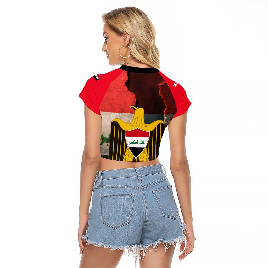 Iraq Flag Texture Raglan Cropped T Shirt with Golden Eagle Emblem and Cracked Earth Background Design - Wonder Print Shop