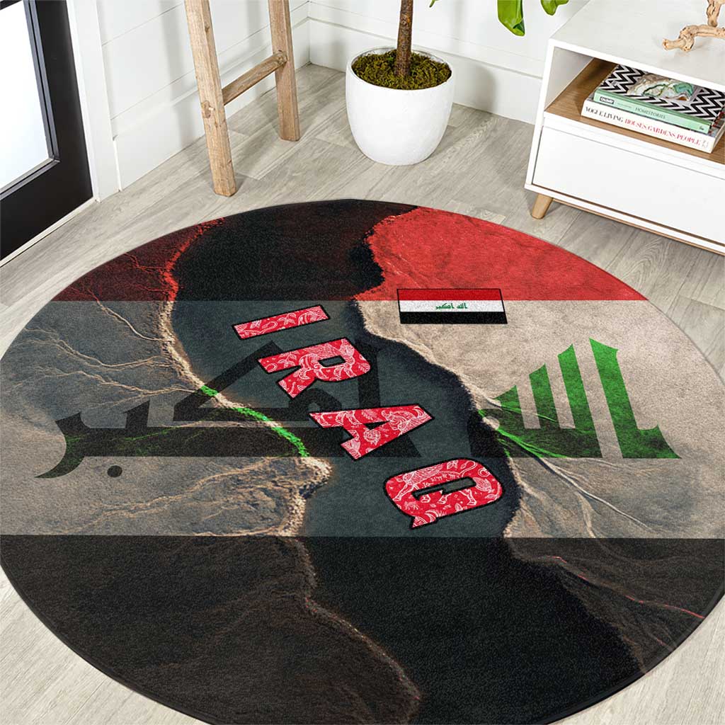 Iraq Flag Texture Round Carpet with Golden Eagle Emblem and Cracked Earth Background Design - Wonder Print Shop