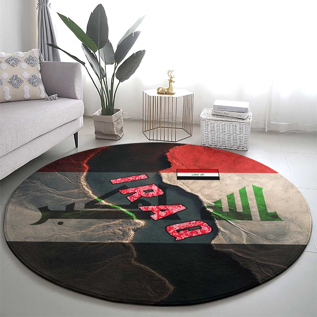 Iraq Flag Texture Round Carpet with Golden Eagle Emblem and Cracked Earth Background Design - Wonder Print Shop