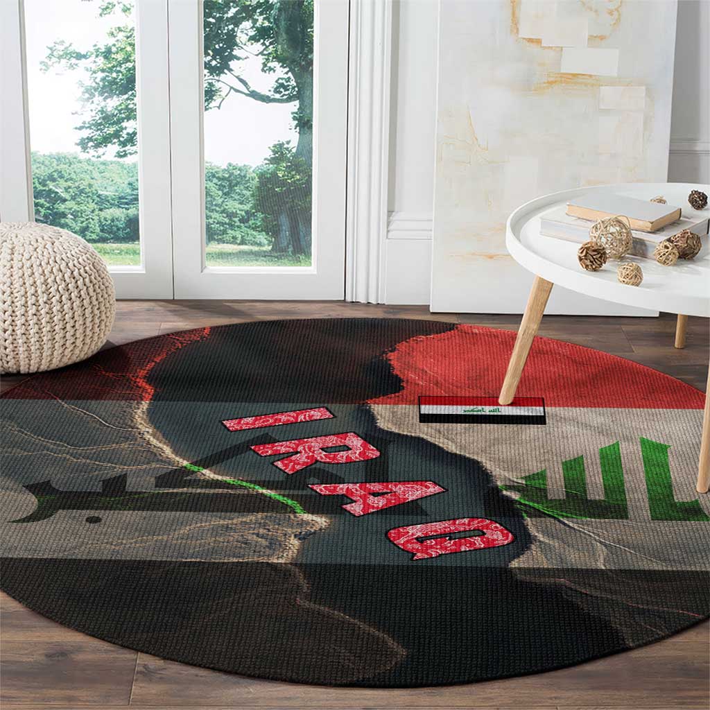 Iraq Flag Texture Round Carpet with Golden Eagle Emblem and Cracked Earth Background Design - Wonder Print Shop