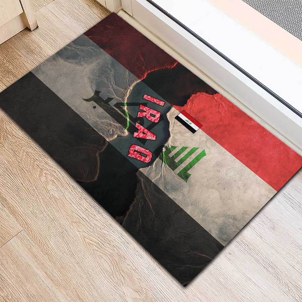 Iraq Flag Texture Rubber Doormat with Golden Eagle Emblem and Cracked Earth Background Design - Wonder Print Shop
