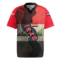 Iraq Flag Texture Rugby Jersey with Golden Eagle Emblem and Cracked Earth Background Design - Wonder Print Shop
