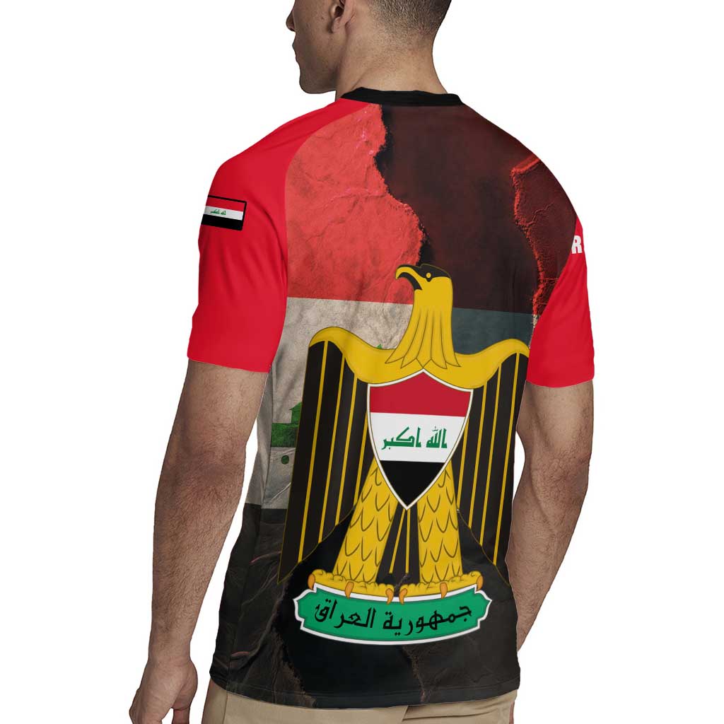 Iraq Flag Texture Rugby Jersey with Golden Eagle Emblem and Cracked Earth Background Design - Wonder Print Shop