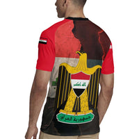 Iraq Flag Texture Rugby Jersey with Golden Eagle Emblem and Cracked Earth Background Design - Wonder Print Shop
