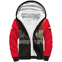 Iraq Flag Texture Sherpa Hoodie with Golden Eagle Emblem and Cracked Earth Background Design - Wonder Print Shop