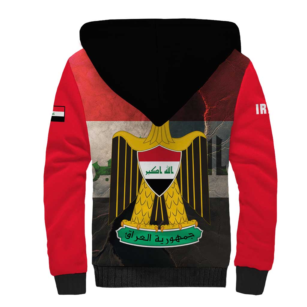 Iraq Flag Texture Sherpa Hoodie with Golden Eagle Emblem and Cracked Earth Background Design - Wonder Print Shop
