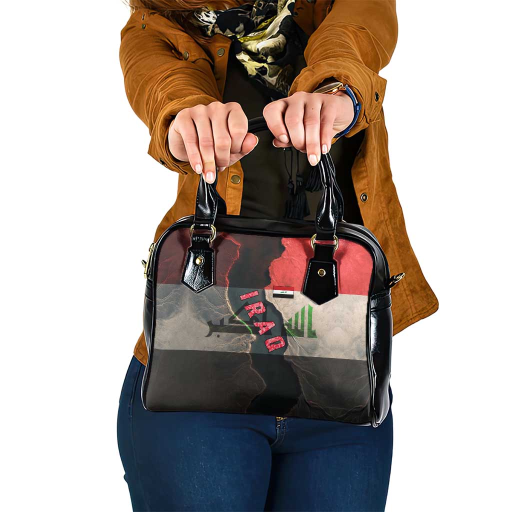 Iraq Flag Texture Shoulder Handbag with Golden Eagle Emblem and Cracked Earth Background Design - Wonder Print Shop