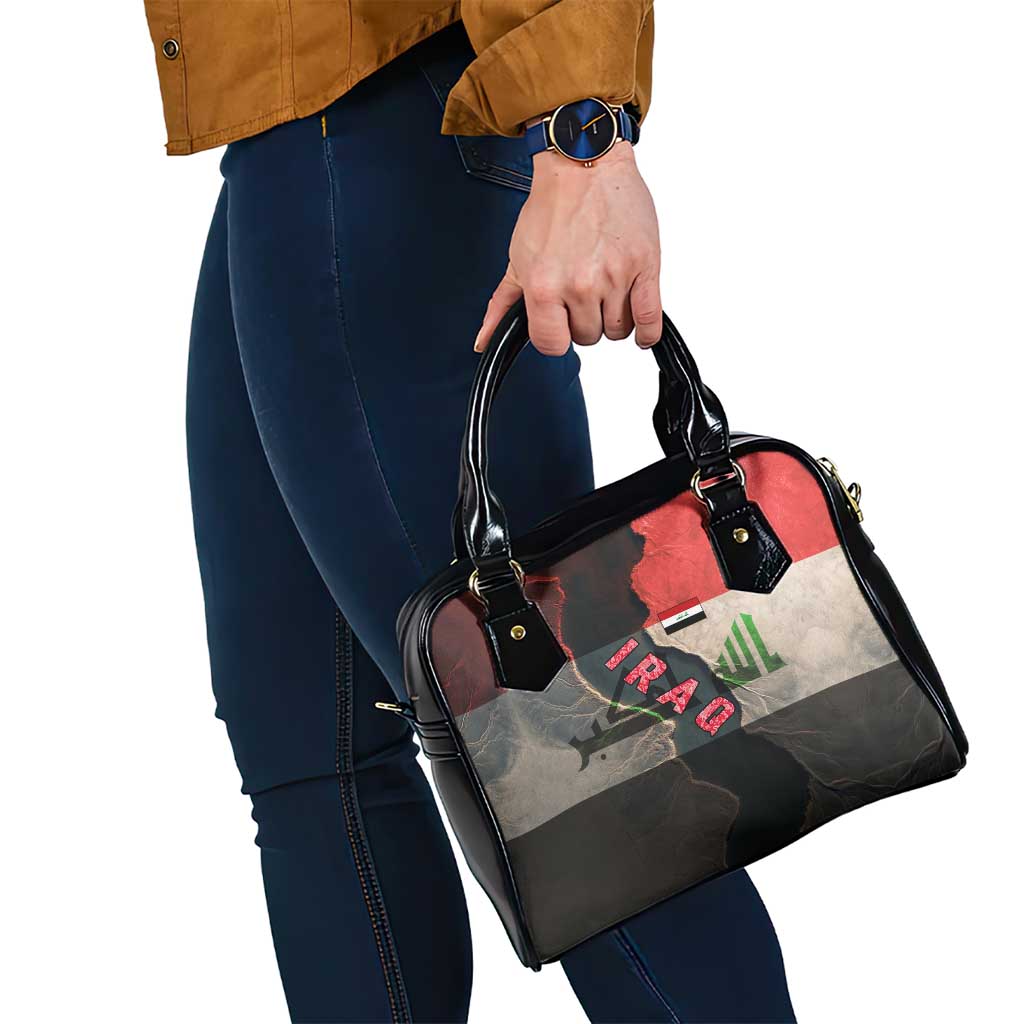 Iraq Flag Texture Shoulder Handbag with Golden Eagle Emblem and Cracked Earth Background Design - Wonder Print Shop