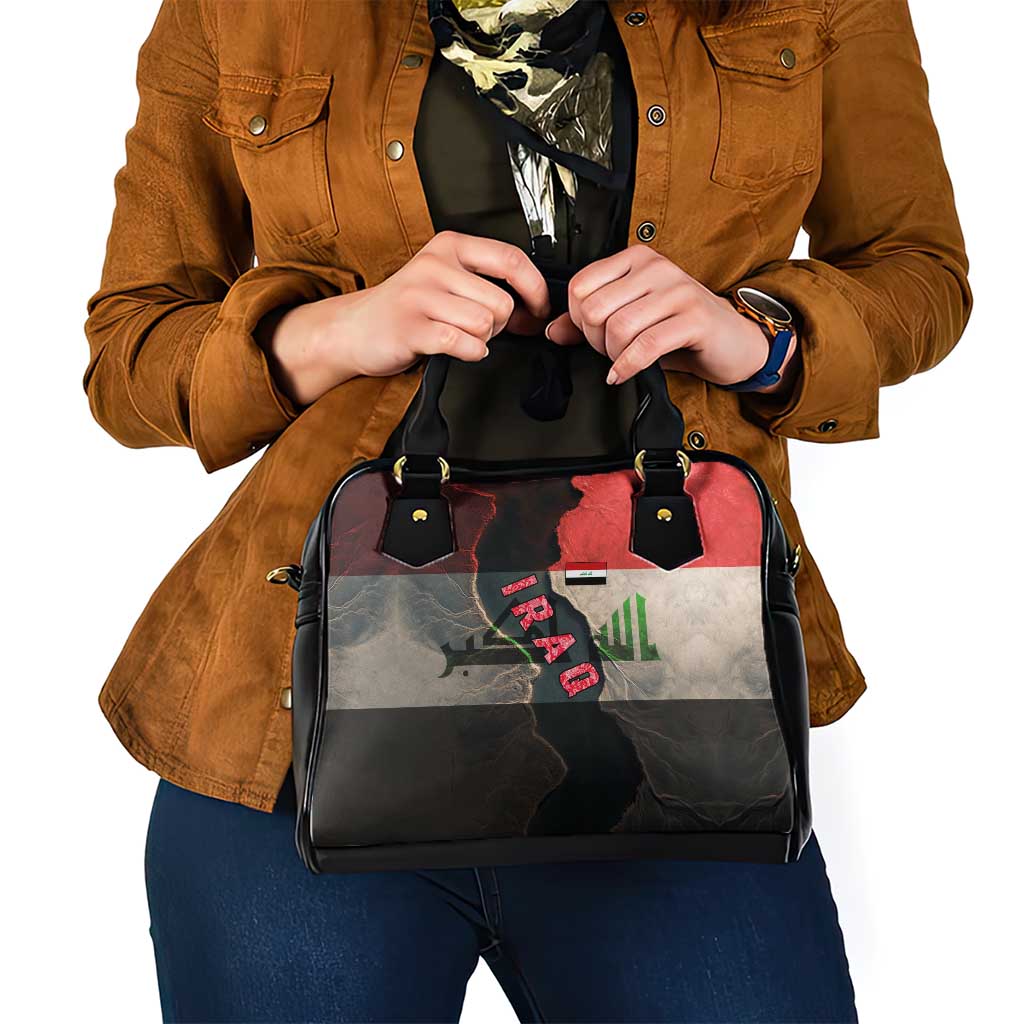 Iraq Flag Texture Shoulder Handbag with Golden Eagle Emblem and Cracked Earth Background Design - Wonder Print Shop