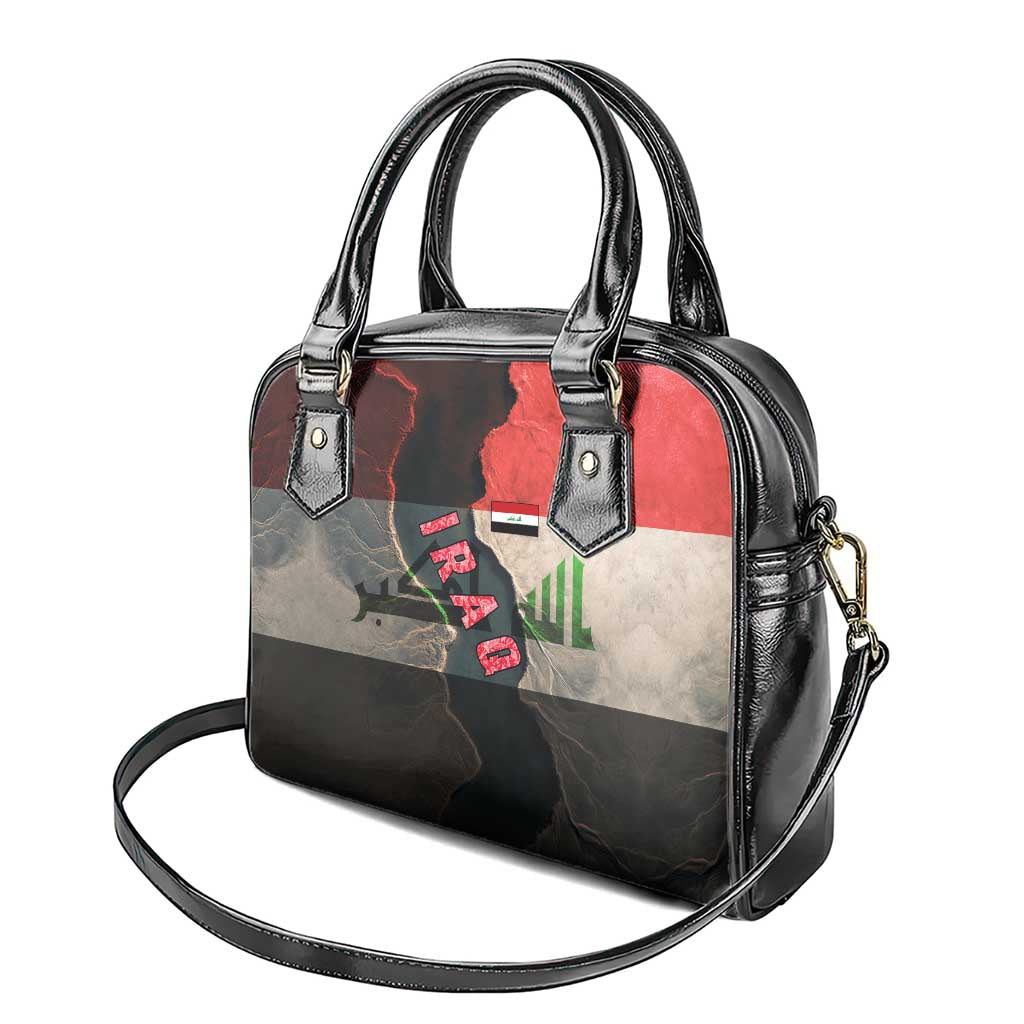 Iraq Flag Texture Shoulder Handbag with Golden Eagle Emblem and Cracked Earth Background Design - Wonder Print Shop