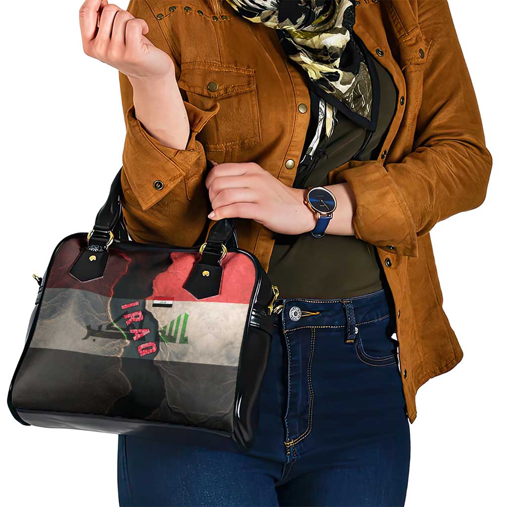 Iraq Flag Texture Shoulder Handbag with Golden Eagle Emblem and Cracked Earth Background Design - Wonder Print Shop