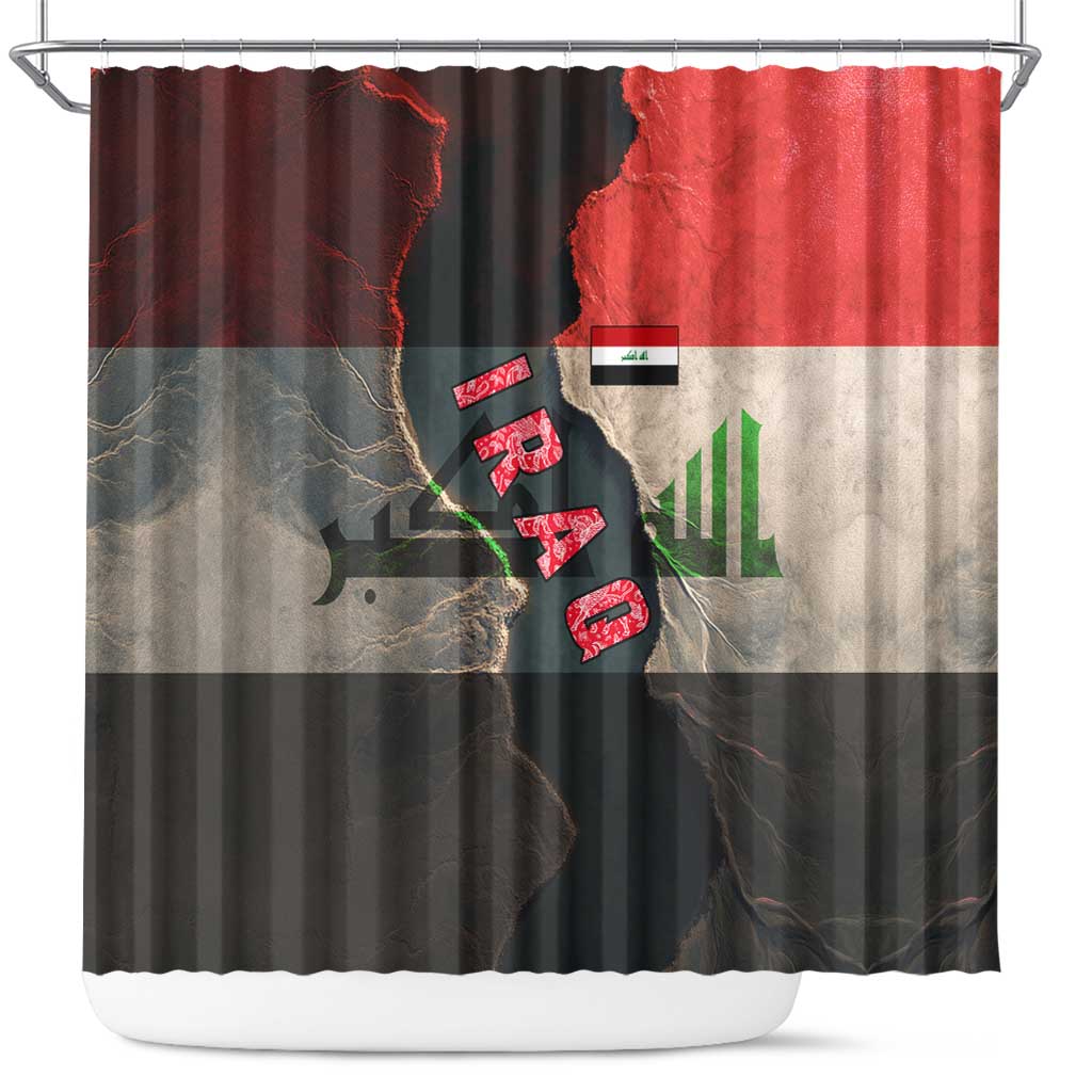 Iraq Flag Texture Shower Curtain with Golden Eagle Emblem and Cracked Earth Background Design - Wonder Print Shop