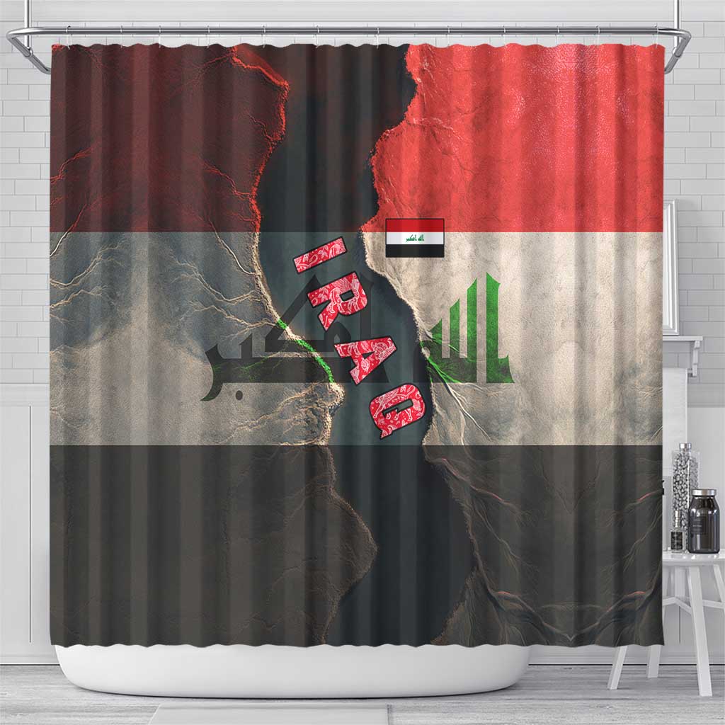 Iraq Flag Texture Shower Curtain with Golden Eagle Emblem and Cracked Earth Background Design - Wonder Print Shop