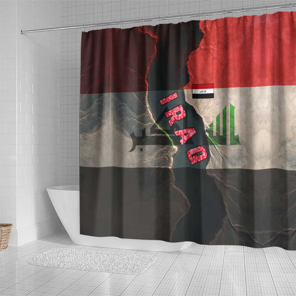 Iraq Flag Texture Shower Curtain with Golden Eagle Emblem and Cracked Earth Background Design - Wonder Print Shop