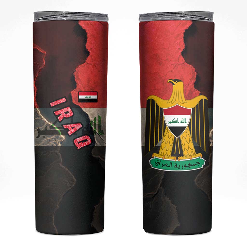 Iraq Flag Texture Skinny Tumbler with Golden Eagle Emblem and Cracked Earth Background Design - Wonder Print Shop