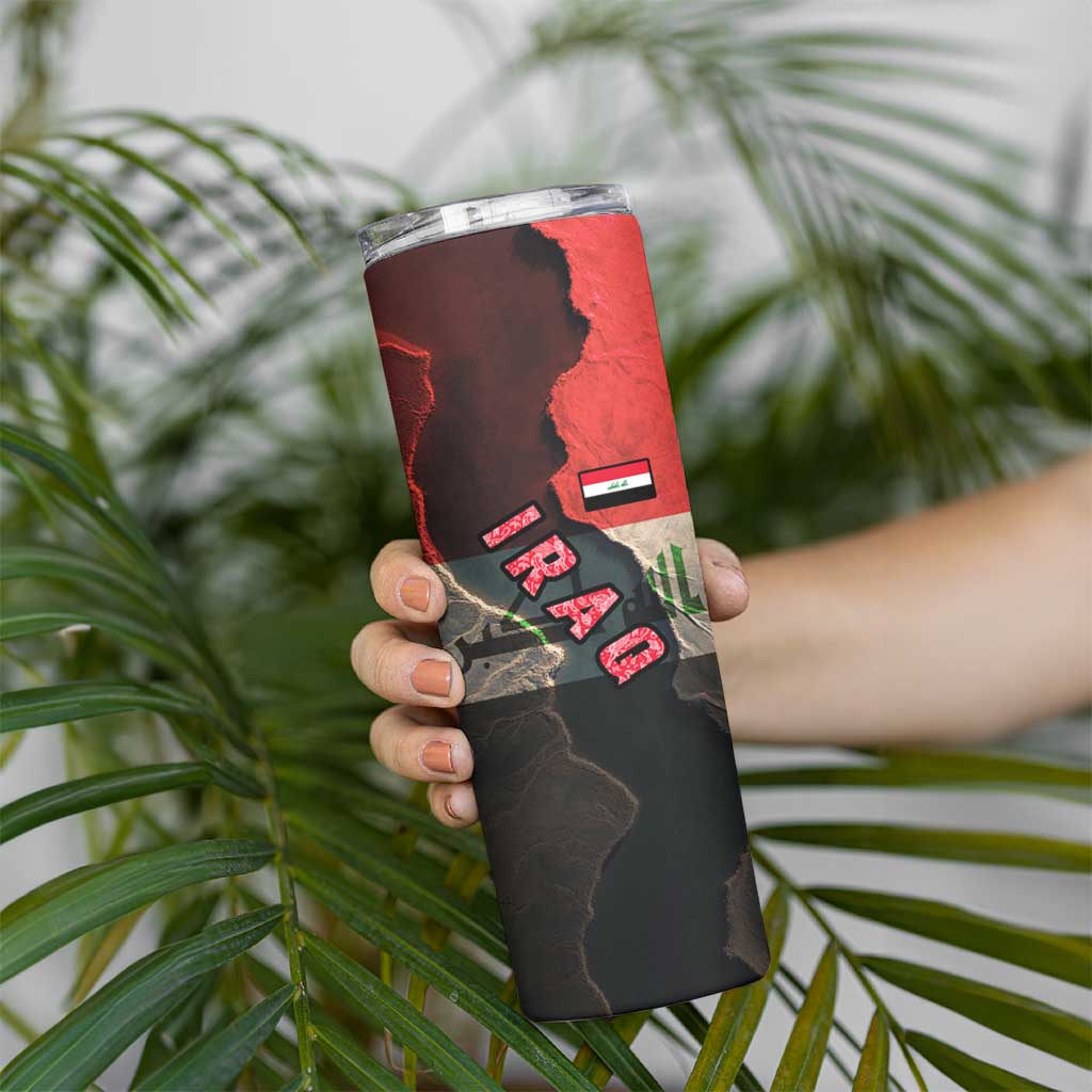 Iraq Flag Texture Skinny Tumbler with Golden Eagle Emblem and Cracked Earth Background Design - Wonder Print Shop
