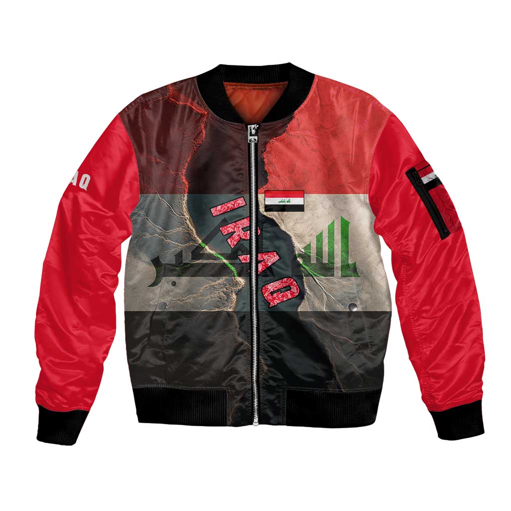 Iraq Flag Texture Sleeve Zip Bomber Jacket with Golden Eagle Emblem and Cracked Earth Background Design - Wonder Print Shop