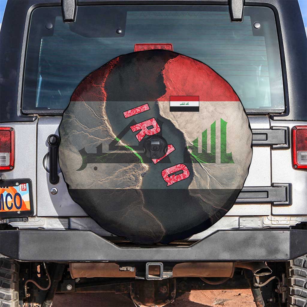 Iraq Flag Texture Spare Tire Cover with Golden Eagle Emblem and Cracked Earth Background Design - Wonder Print Shop