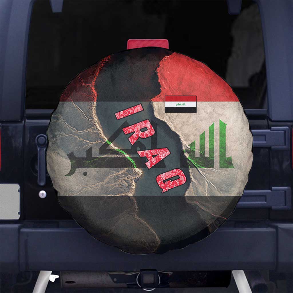 Iraq Flag Texture Spare Tire Cover with Golden Eagle Emblem and Cracked Earth Background Design - Wonder Print Shop