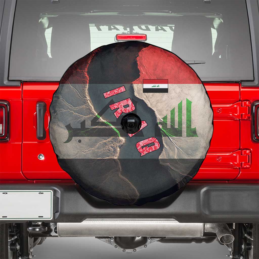 Iraq Flag Texture Spare Tire Cover with Golden Eagle Emblem and Cracked Earth Background Design - Wonder Print Shop