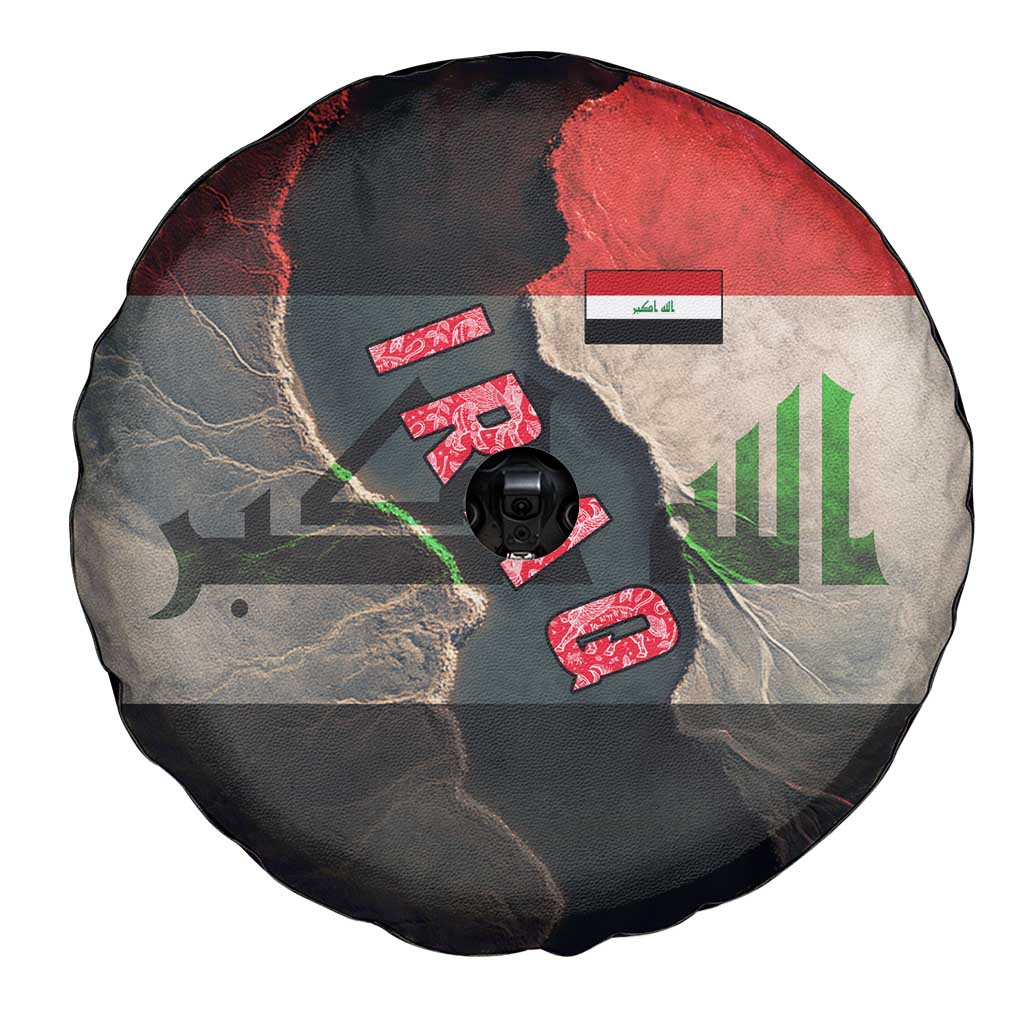 Iraq Flag Texture Spare Tire Cover with Golden Eagle Emblem and Cracked Earth Background Design - Wonder Print Shop