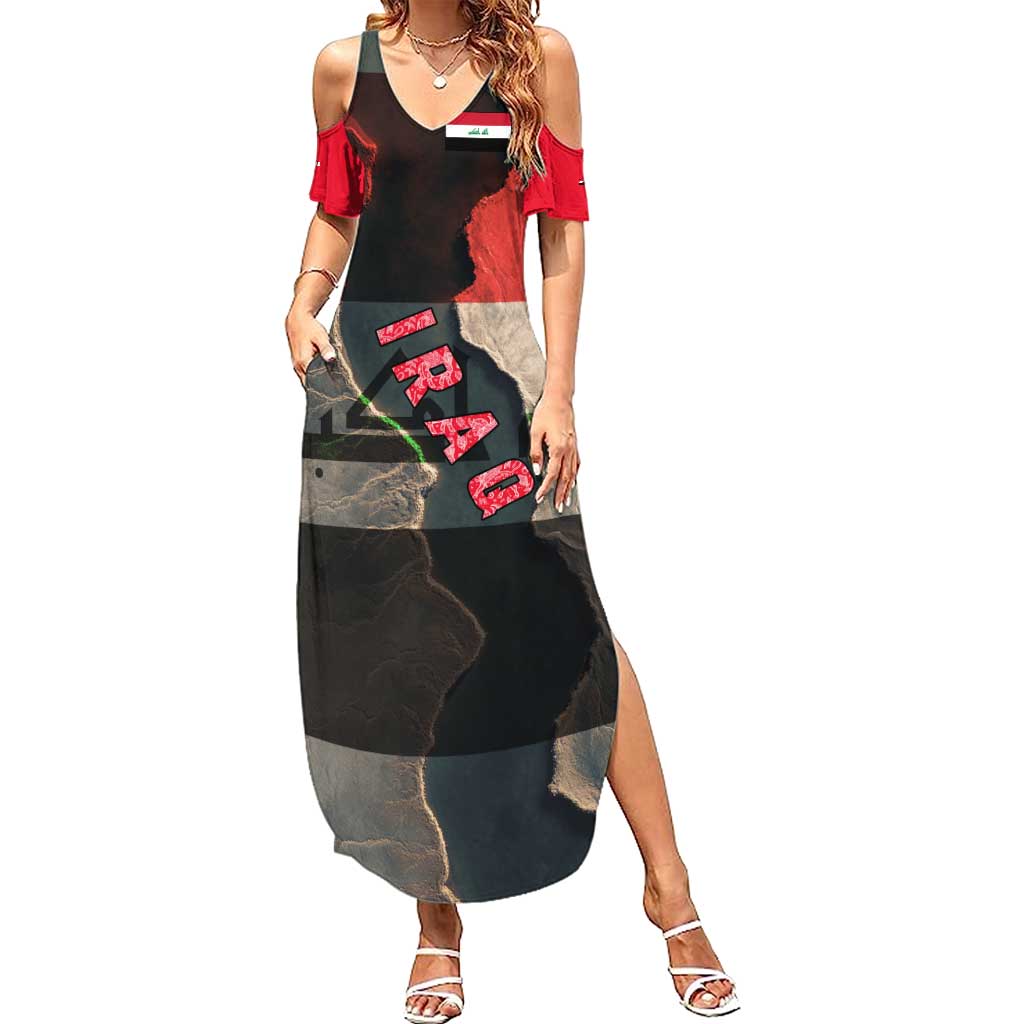 Iraq Flag Texture Summer Maxi Dress with Golden Eagle Emblem and Cracked Earth Background Design - Wonder Print Shop