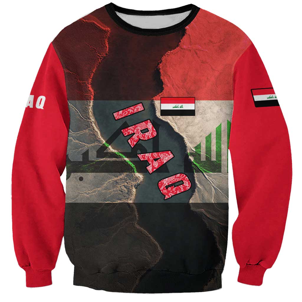 Iraq Flag Texture Sweatshirt with Golden Eagle Emblem and Cracked Earth Background Design - Wonder Print Shop