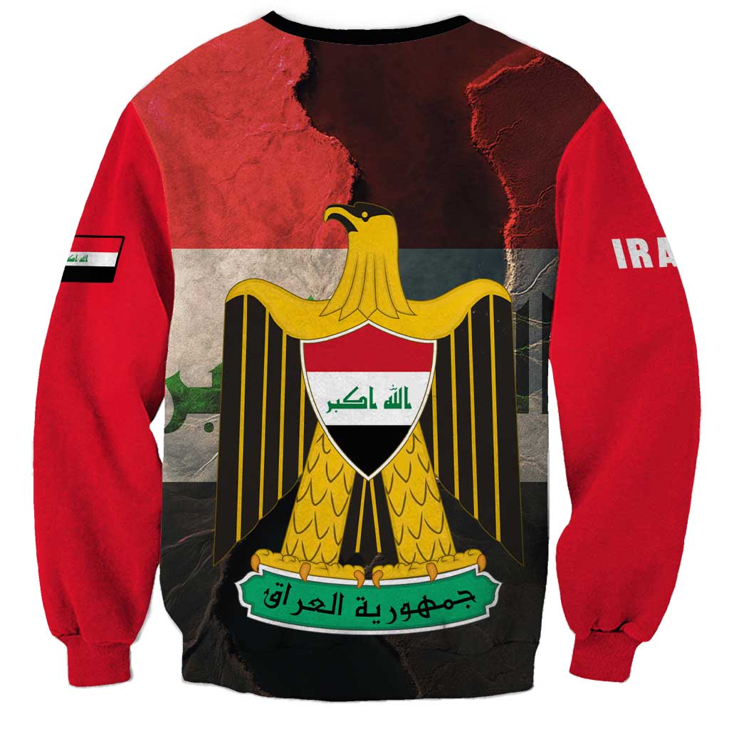 Iraq Flag Texture Sweatshirt with Golden Eagle Emblem and Cracked Earth Background Design - Wonder Print Shop