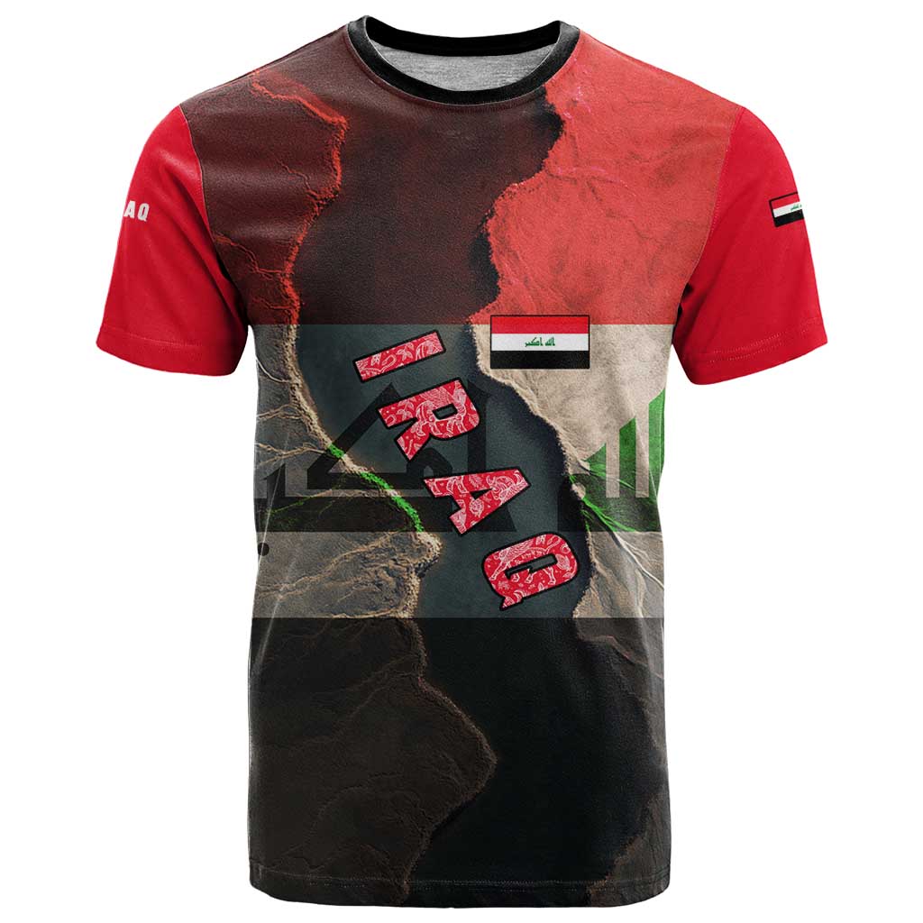 Iraq Flag Texture T Shirt with Golden Eagle Emblem and Cracked Earth Background Design - Wonder Print Shop