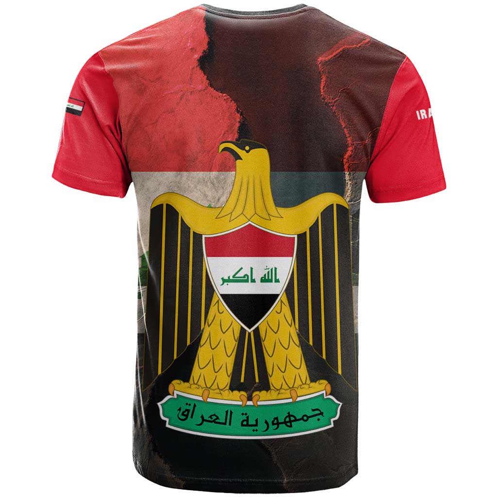Iraq Flag Texture T Shirt with Golden Eagle Emblem and Cracked Earth Background Design - Wonder Print Shop