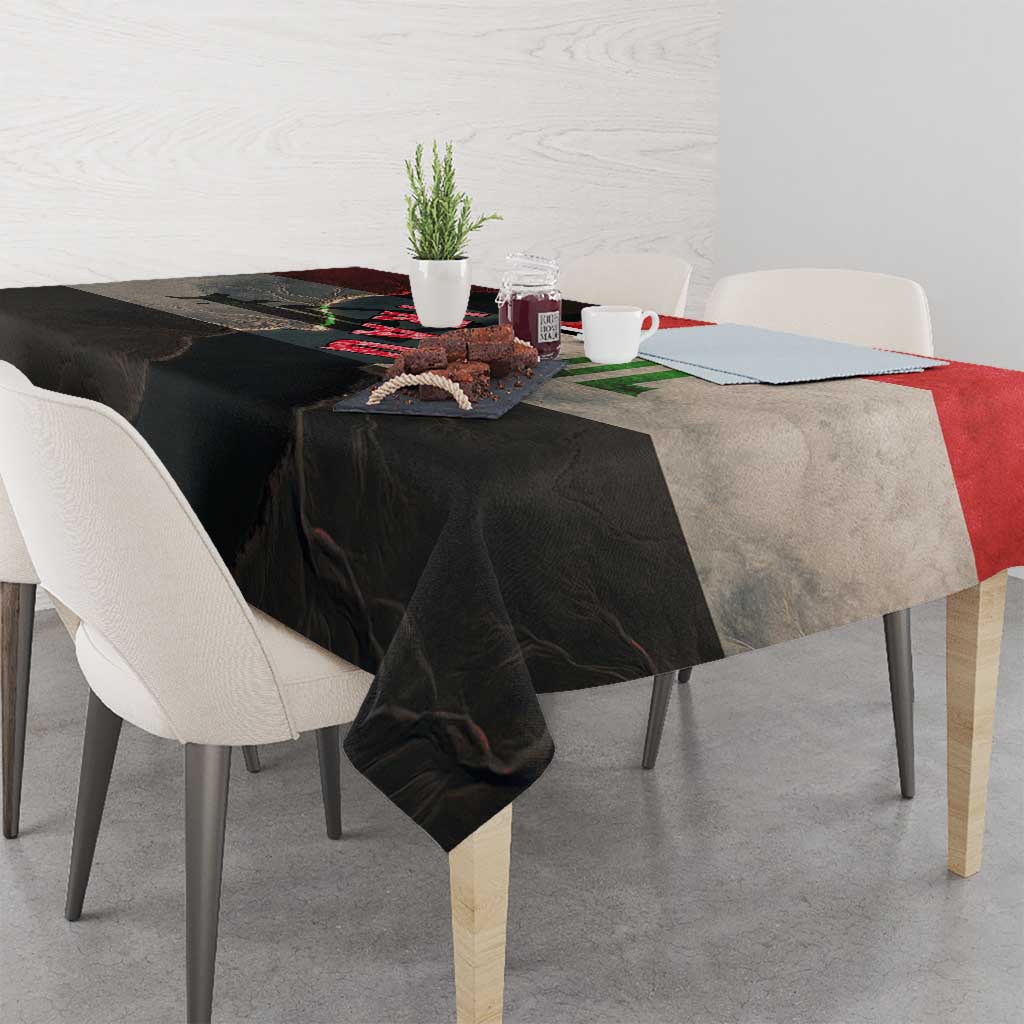 Iraq Flag Texture Tablecloth with Golden Eagle Emblem and Cracked Earth Background Design - Wonder Print Shop