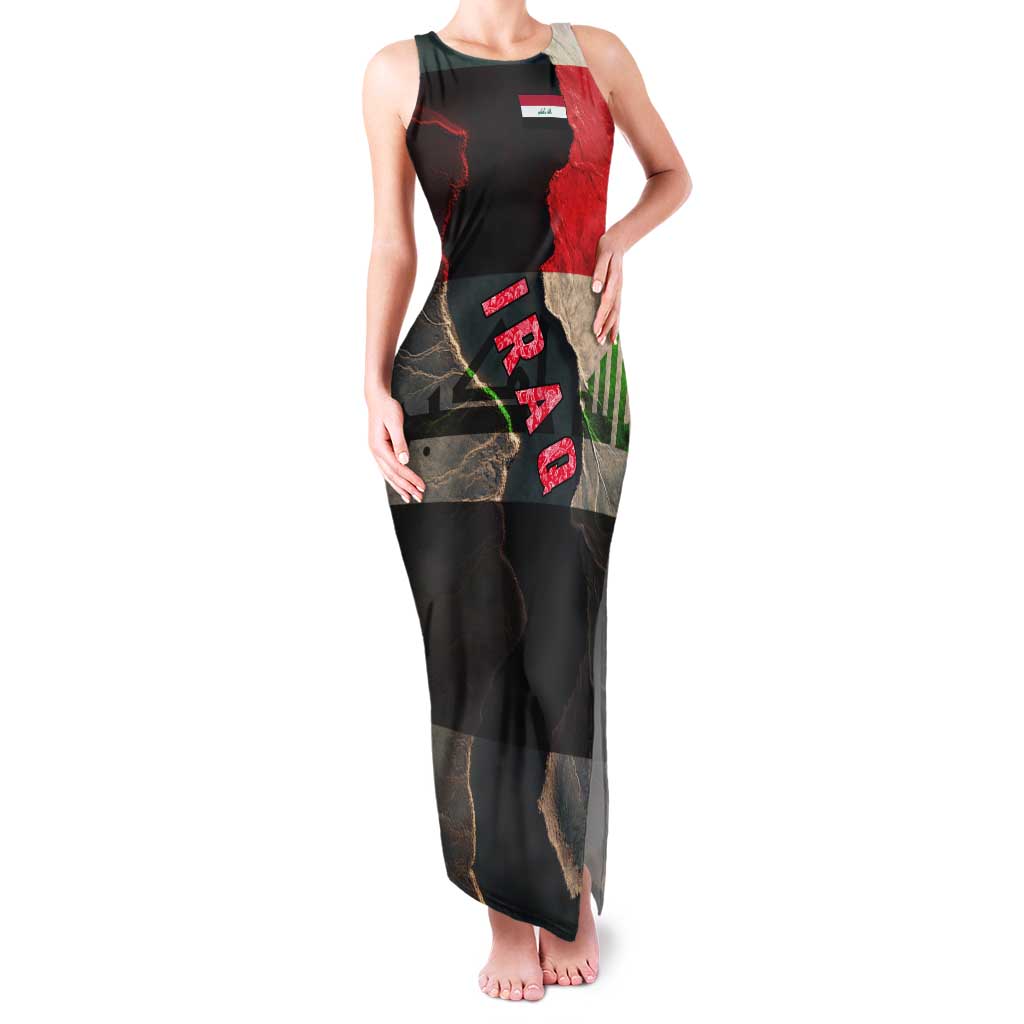 Iraq Flag Texture Tank Maxi Dress with Golden Eagle Emblem and Cracked Earth Background Design - Wonder Print Shop
