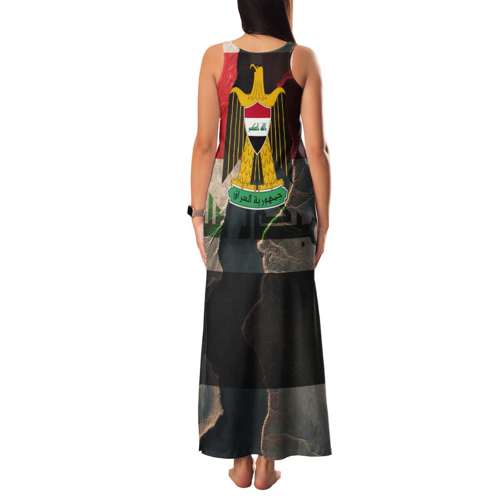 Iraq Flag Texture Tank Maxi Dress with Golden Eagle Emblem and Cracked Earth Background Design - Wonder Print Shop