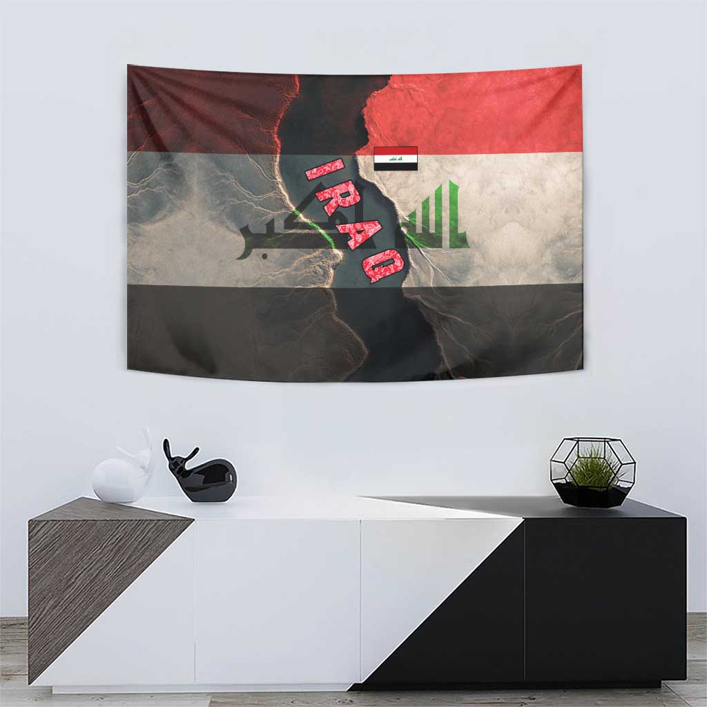 Iraq Flag Texture Tapestry with Golden Eagle Emblem and Cracked Earth Background Design - Wonder Print Shop