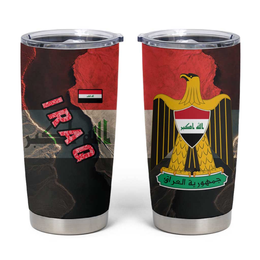 Iraq Flag Texture Tumbler Cup with Golden Eagle Emblem and Cracked Earth Background Design - Wonder Print Shop