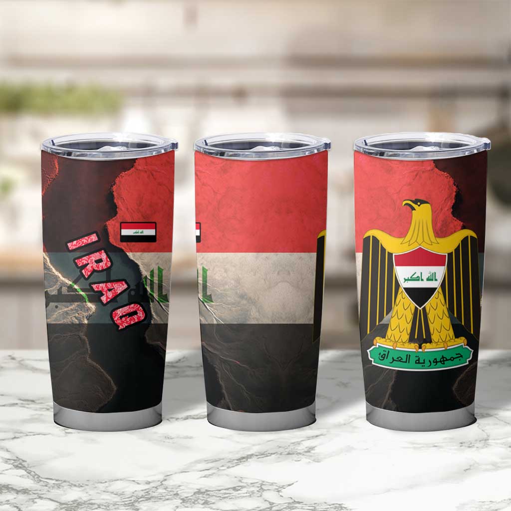 Iraq Flag Texture Tumbler Cup with Golden Eagle Emblem and Cracked Earth Background Design - Wonder Print Shop